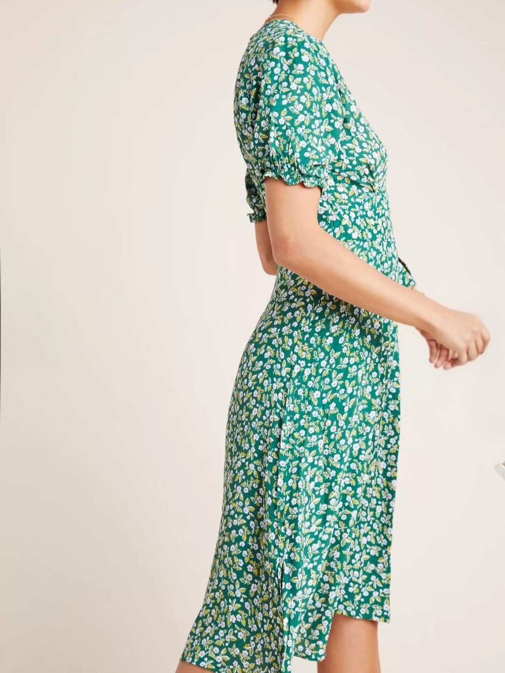 Faithfull the Brand Anthropologie Green Floral Wrap Midi Dress with Puff Sleeve - Picture 4 of 11